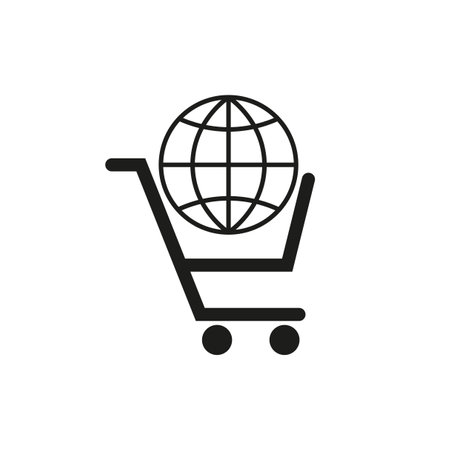 Put in shopping cart. Globe icon. Globe in a shopping cart. Vector illustration. EPS 10.のイラスト素材