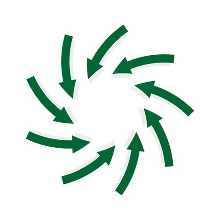 Abstract shape with green arrows. Rotating green arrows point inwards inside. Vector illustration. EPS 10.のイラスト素材