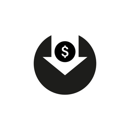 Cost reduction icon. Money symbol with arrow fall down. Dollar decrease icon. Dollar down icon. Vector illustration. EPS 10.のイラスト素材