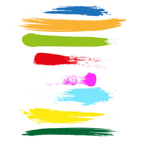 Brush colorful strokes. Grungy painted brush strokes big set colorful dashes images. Vector illustration. EPS10.のイラスト素材