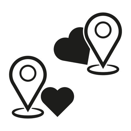 Location pins and heart, map navigation. Love travel symbol. Vector illustration. EPS 10.のイラスト素材