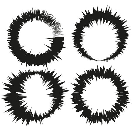Abstract spiky circles set. Dynamic contrast design. Sharp, bold. Vector illustration. EPS 10.のイラスト素材
