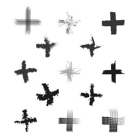 Assorted collection of artistic black cross symbols with various brush strokes. Vector illustration. EPS 10.のイラスト素材