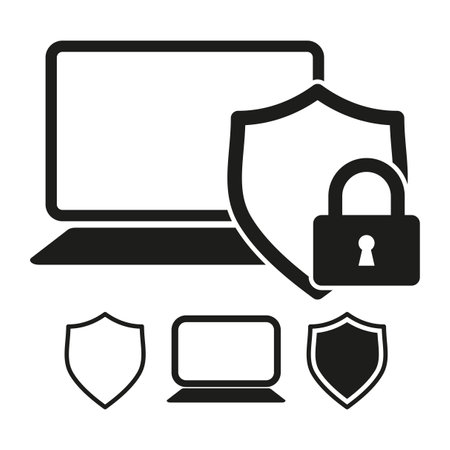 Laptop with shield and padlock icons symbolizing cybersecurity. Vector illustration. EPS 10.のイラスト素材