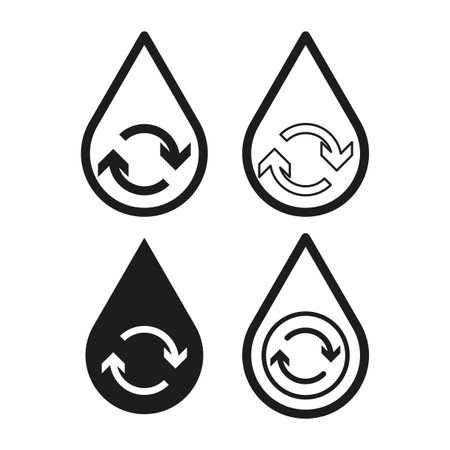 Water recycling symbols set. Circular arrows in drop. Sustainable water use icons. Conservation emblem design. Vector illustration. EPS 10.のイラスト素材