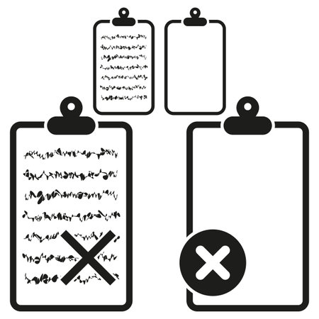 Clipboard collection with various contents. Document organization concept. Text and signature clipboards. Empty form symbol. Vector illustration. EPS 10.のイラスト素材