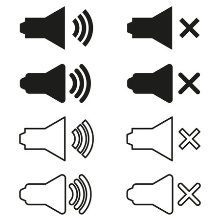 Speaker volume icons. Sound on and off. Audio control symbols. Mute and loud options. Vector illustration. EPS 10.のイラスト素材