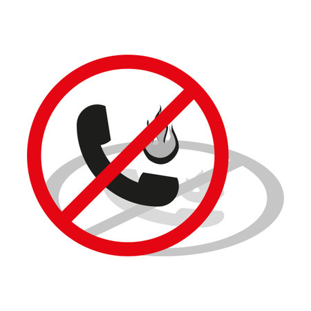 No fire calls symbol. Prohibited burning phone icon. Flame and telephone ban sign. Vector illustration. EPS 10.のイラスト素材