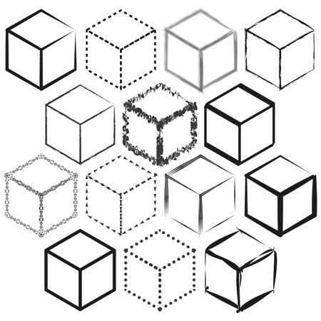 Geometric shapes variety. Abstract cube outlines. Shaded and patterned blocks. Vector illustration....