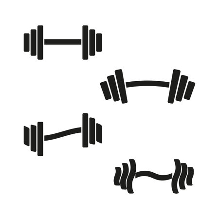Barbell set Vector illustration. Different weights and sizes. Gym equipment collection. Strength training theme.のイラスト素材