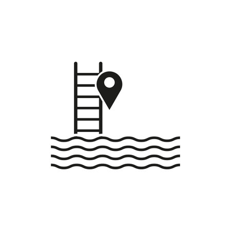 Minimalist swimming location vector. Ladder leading into water with location pin icon. Concept for recreational area or pool location.のイラスト素材