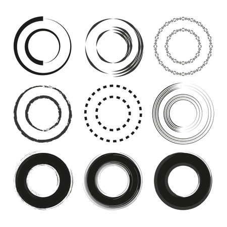 Assorted circular patterns set. Black and white vector designs. Abstract round elements.のイラスト素材