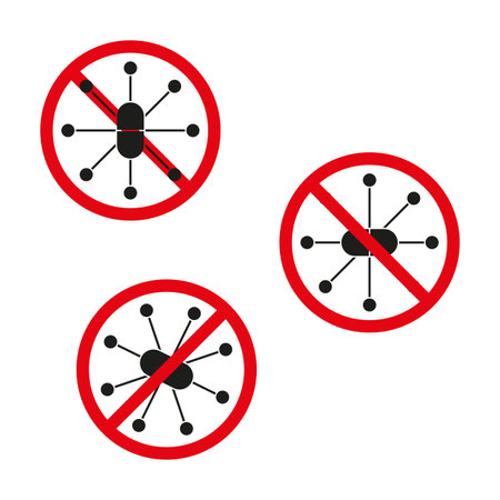 No virus icons. Red prohibition signs. Vector illustration. Anti virus symbols. EPS 10.のイラスト素材