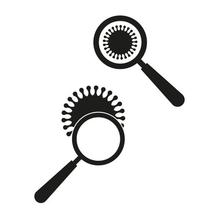 Virus under magnifier vector. Magnifying glass icons. Microbiology research symbols. Simple black design.のイラスト素材