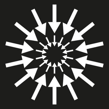 Converging arrows pattern. White arrows on black. Radial symmetry vector. Dynamic design element.のイラスト素材