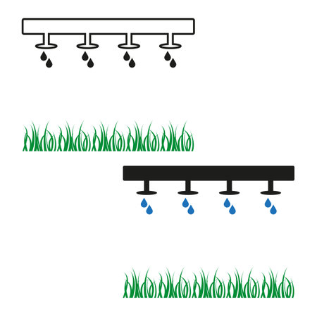Irrigation system vector. Drip watering icons. Grass and water drops. Garden irrigation design.のイラスト素材