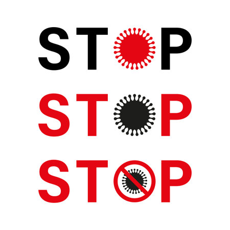 Stop virus icons. Text with virus symbol. Red and black vector. Prohibition sign.のイラスト素材