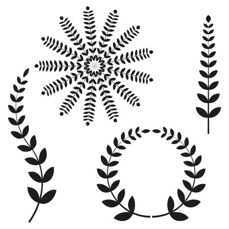 Laurel wreath set. Leaf branches. Black and white. Vector illustration.のイラスト素材