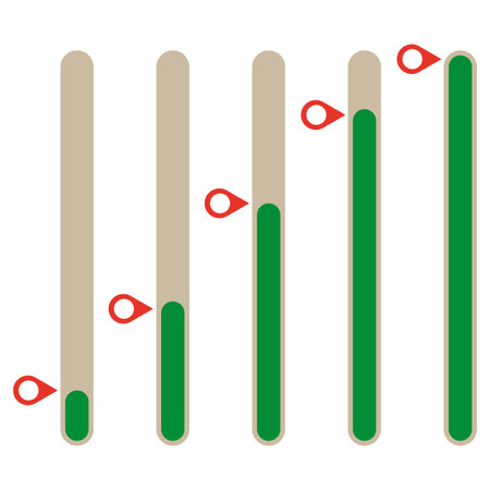 Progress bar indicators. Beige and green colors. Red pointers on levels. Vector illustration.のイラスト素材