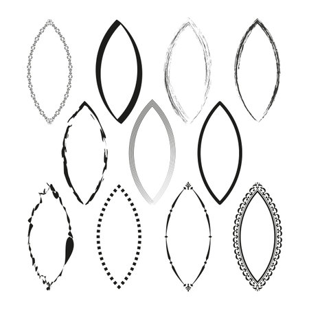 Vector oval frames. Decorative black shapes. Elegant and distressed designs. White background.のイラスト素材