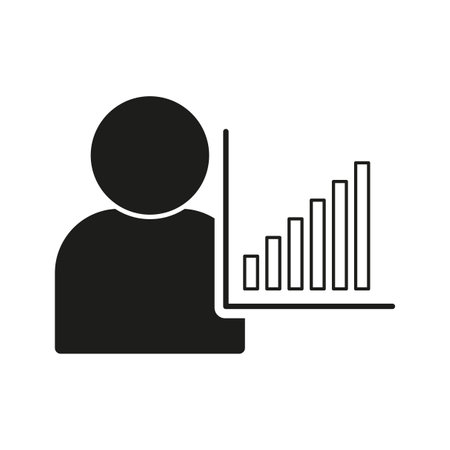Business presentation icon. Person with growth chart. Black and white. Vector graphic.のイラスト素材