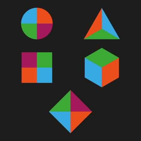 Colorful geometric shapes. Bright quadrants. Black background. Vector illustration.のイラスト素材