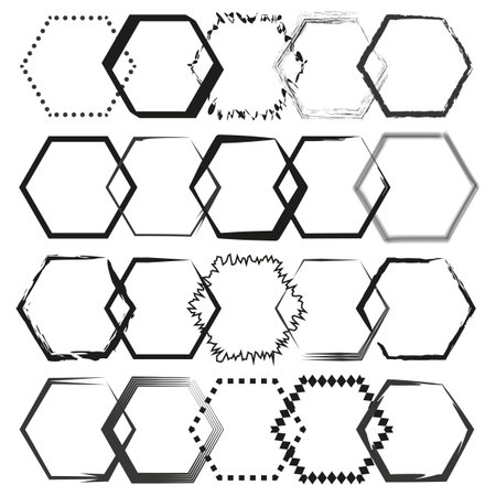 Hexagon frames set. Black and white. Various vector designs. Geometric shapes.のイラスト素材