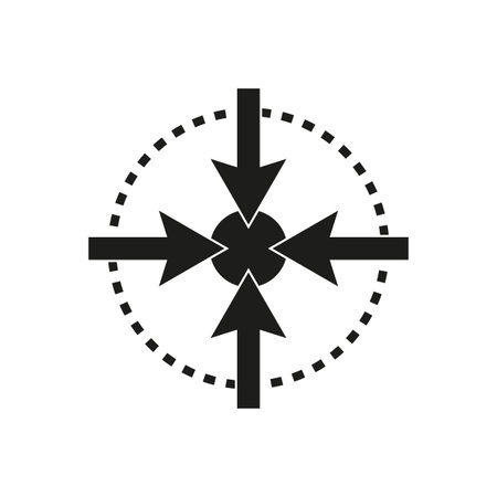 Four arrows convergence. Target aim symbol. Dashed circle outline. Vector graphic icon.のイラスト素材