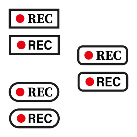 REC button icons. Red recording symbols. Black outline vector.のイラスト素材