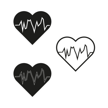 Heart with heartbeat. Medical heart icon. Black and white vector. Cardiology symbol.のイラスト素材