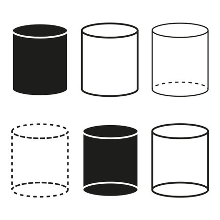 Cylinder shape icons. Different cylinder styles. Geometric vector symbols. Solid and dashed outlines.のイラスト素材