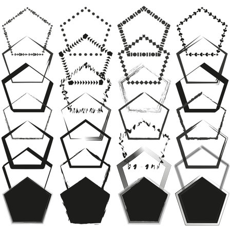 Various pentagon frames. Geometric outline shapes. Abstract vector borders. Decorative design elements.のイラスト素材