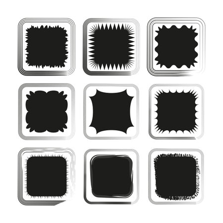 Decorative square icons. Abstract frame variations. Black and white patterns. Vector illustration.のイラスト素材