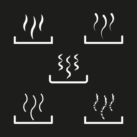 Steam symbol icons. Five variations. Black background. Minimalist design.のイラスト素材
