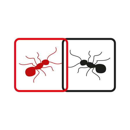 Ant icons. Red and black insects. Framed design elements. Vector illustration.のイラスト素材