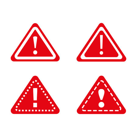 Red warning icons. Exclamation mark symbol. Triangle alert signs. Vector safety.のイラスト素材