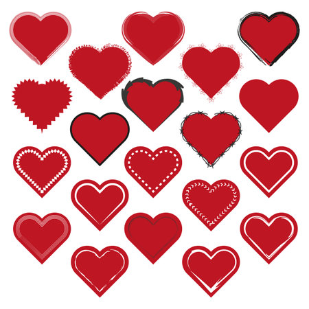 Red heart icons. Variety of heart designs. Black white accents. Vector illustration.のイラスト素材