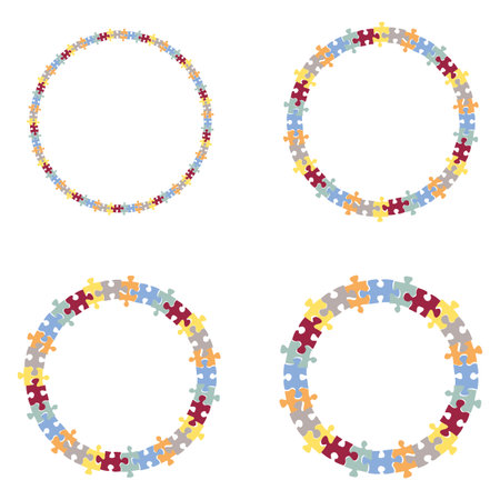 Puzzle piece circles. Colorful round frames. Interlocking jigsaw pattern. Vector illustration.のイラスト素材