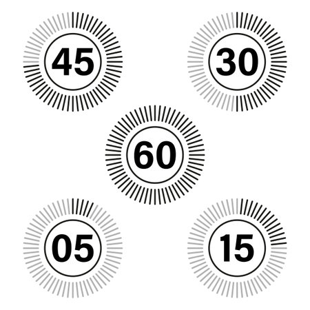 Timer countdown icons. Circular time indicators. Numbers with radial lines. Vector illustration.のイラスト素材