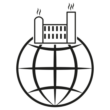 Global industry icon. Factory on globe. Vector industrial symbol. Worldwide production concept.のイラスト素材