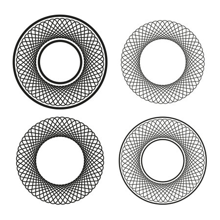 Circular spirograph patterns. Black lines. Geometric vector shapes. Abstract design.のイラスト素材