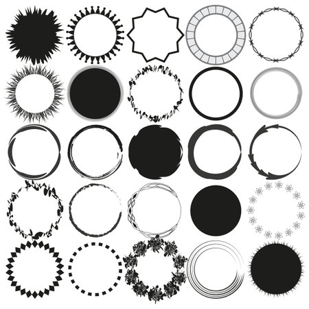 Circular frame icons. Varied border designs. Black and white elements. Vector illustration.のイラスト素材