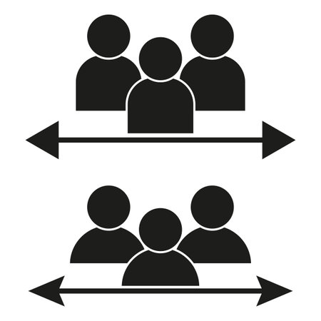 Social distancing icon. Three people silhouettes with directional arrows. Black and white design.のイラスト素材