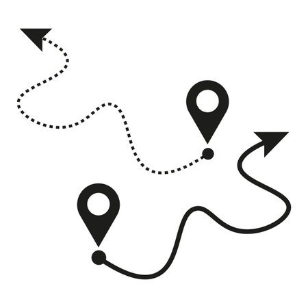 Navigation path icons. Location pin symbols. Dotted and solid lines. Vector illustration.のイラスト素材