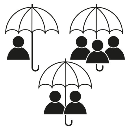 Group under umbrella icons. People protection symbol. Black and white vector. Safety and security.のイラスト素材