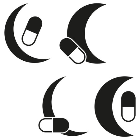 Moon pill icon. Nighttime medication concept. Sleep aid symbol. Black vector illustration.のイラスト素材