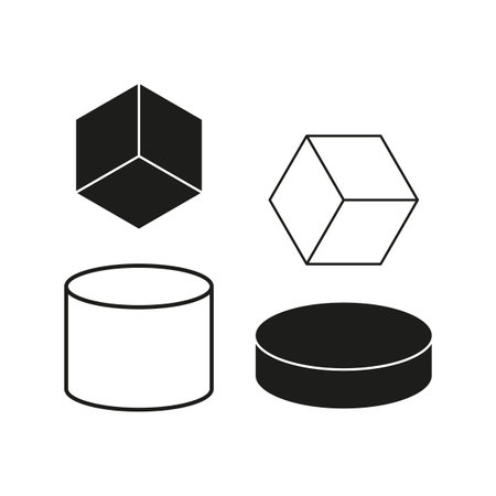 Geometric shapes vector. Black and white cubes. Cylindrical forms illustration. Minimalist design elements.のイラスト素材