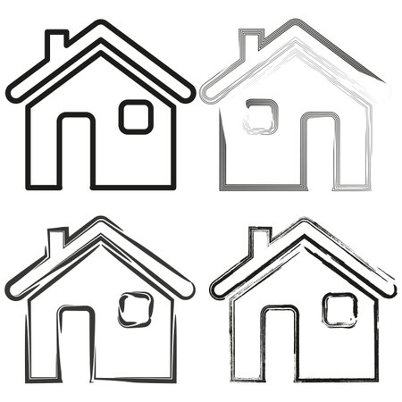 Home icons set. Four hand-drawn house variations. Black and white sketch style. Simple and creative design.のイラスト素材