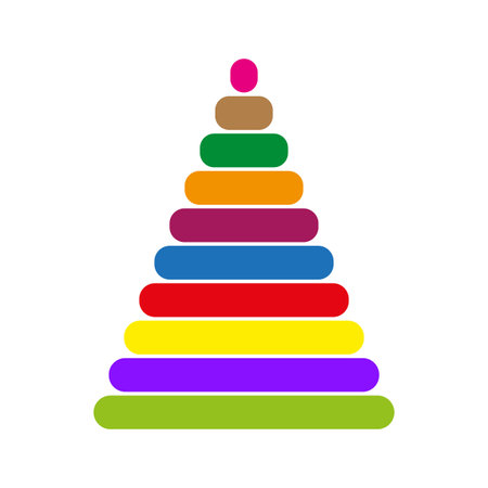 Colorful pyramid toy. Stacked rainbow rings. Bright childrens puzzle. Multicolored educational vector.のイラスト素材