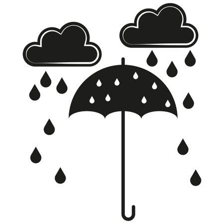 Umbrella with raindrops. Black rain clouds icon. Minimalist rainy weather symbol. Simple vector illustration.のイラスト素材
